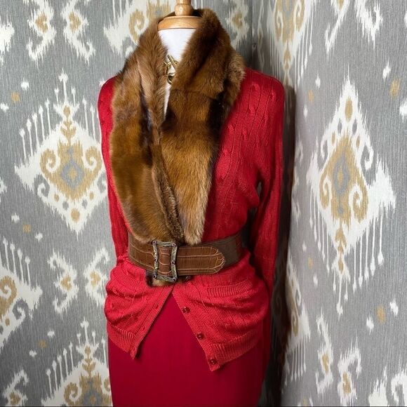 Ralph Lauren Red Tussah Silk Cable-Knit Cardigan Sweater - Picture 3 of 16